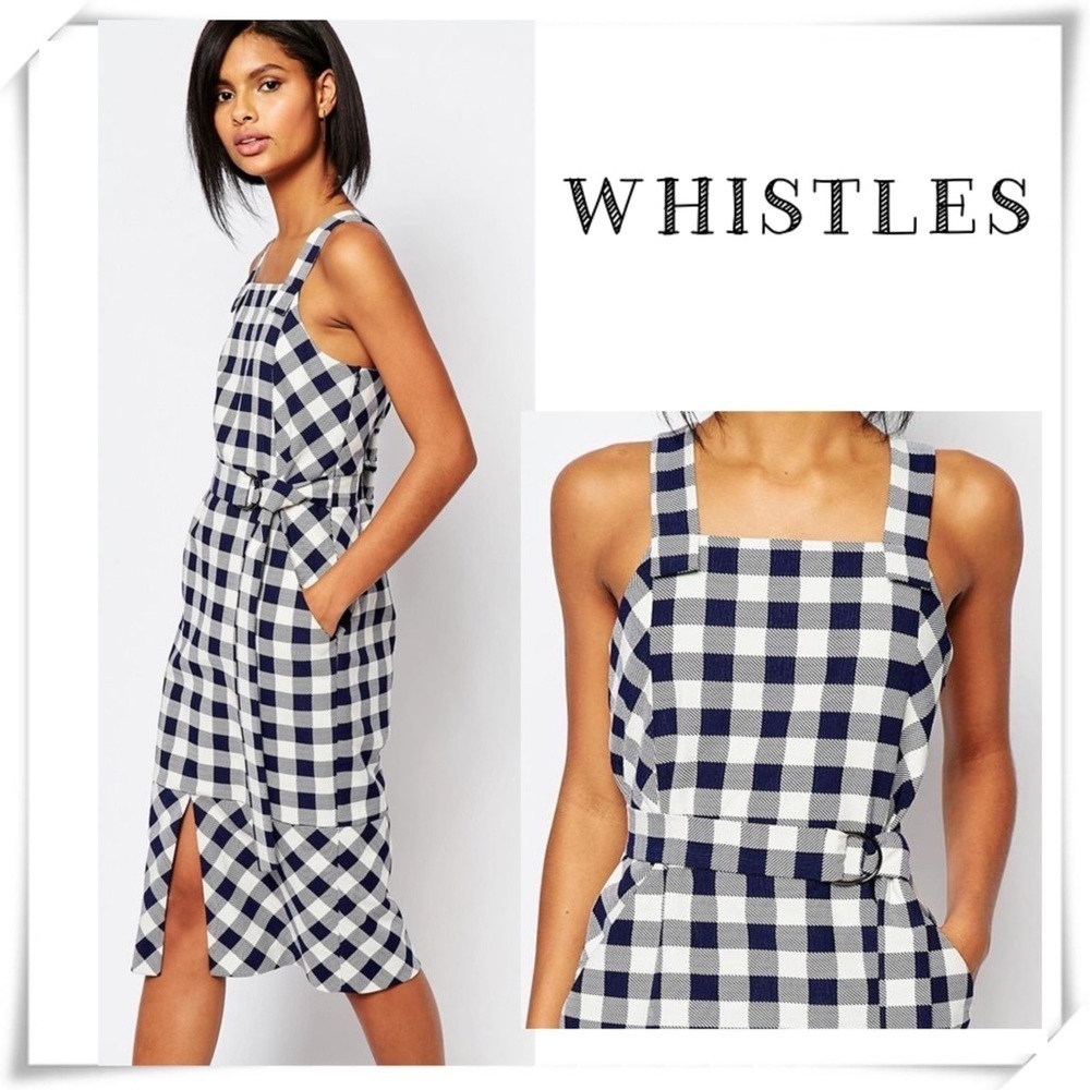 Whistles Gita Apron Check Gingham Midi Dress in Blue with White Size 8